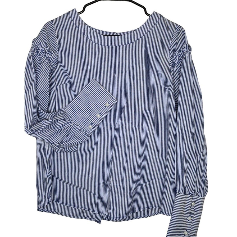 Sienna Sky Women's Blue White Striped Puff Shoulder Pearl Back Button Top Size M - Picture 3 of 9